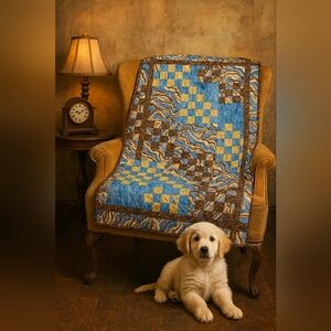 Handmade Quilted Throw Blanket — Blue & Brown Patchwork